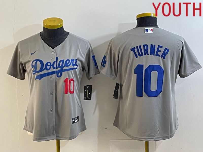 Youth Los Angeles Dodgers 10 Turner Grey Nike Game MLB Jersey style 4